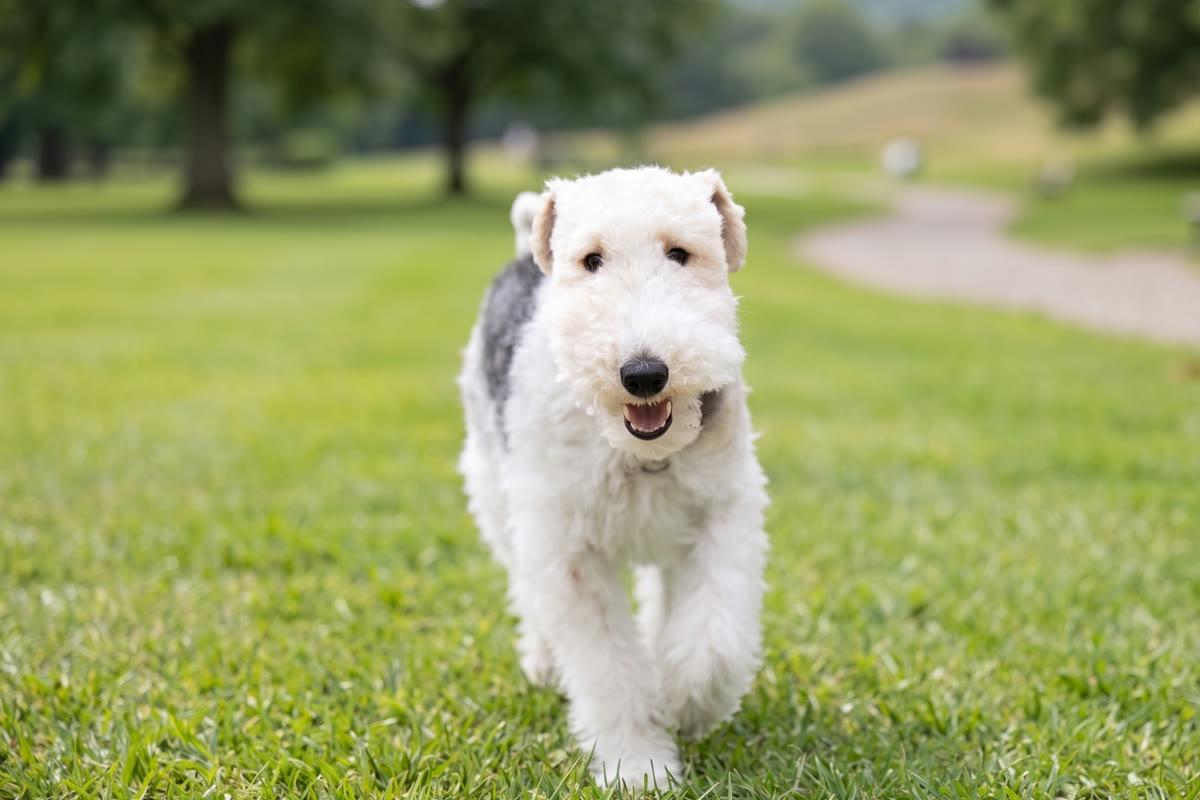 芝生の上をこちらへ歩いてくる犬